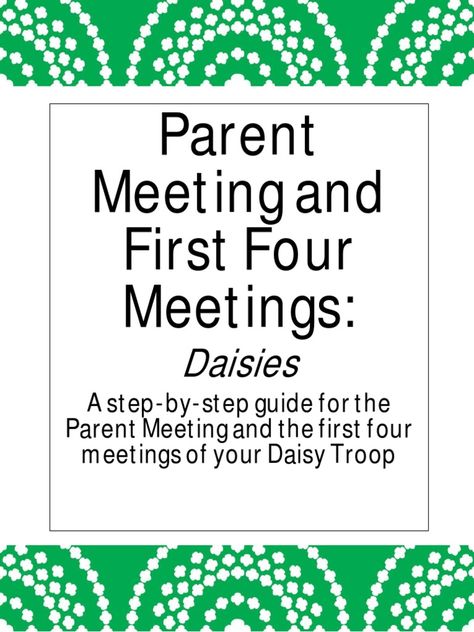 This document provides guidance for planning the first parent meeting and initial troop meetings for a new Daisy troop. It includes: 1. A sample 10-meeting year plan outline with topics and goals for each meeting. 2. Suggestions for the parent meeting agenda, including collecting paperwork, discussing costs, communication methods, and ways for parents to volunteer. 3. Icebreaker ideas for the first few troop meetings, such as making name tags decorated with thumbprints to help the girls get Daisy Parent Meeting, First Daisy Troop Meeting Ideas, 1st Daisy Meeting Ideas, Daisy First Meeting Ideas, First Daisy Troop Meeting, Daisy Girl Scouts First Meeting, Daisy Troop Meeting Ideas, Icebreaker Ideas, Girl Scout Meeting Ideas