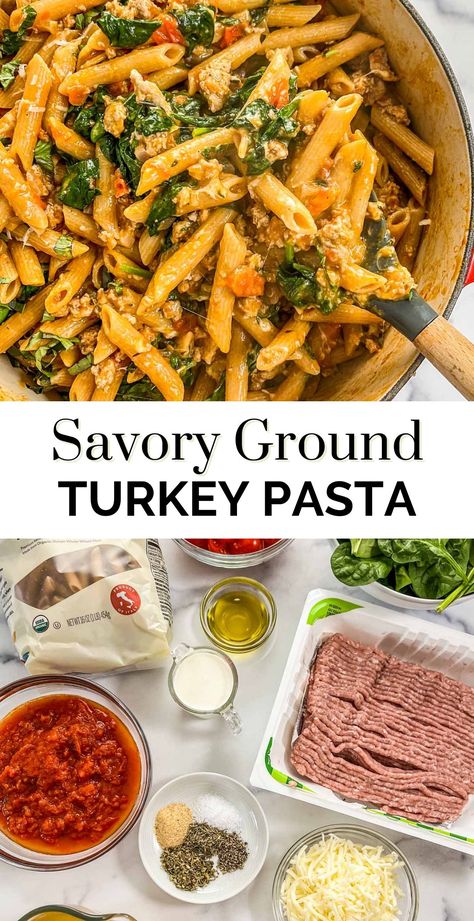 This is the best savory ground turkey pasta! It's a one-pot meal that comes together easily and is perfect for a healthy weeknight meal the whole family will love! This lightened up recipe is made with lean ground turkey but is still incredibly flavorful. Ground Turkey Pasta Recipes, Ground Turkey Casserole, Ground Turkey Pasta, Ground Turkey Recipes Easy, Ground Turkey Recipes Healthy, Turkey Pasta, Healthy Ground Turkey, Turkey Casserole, Beef Patties