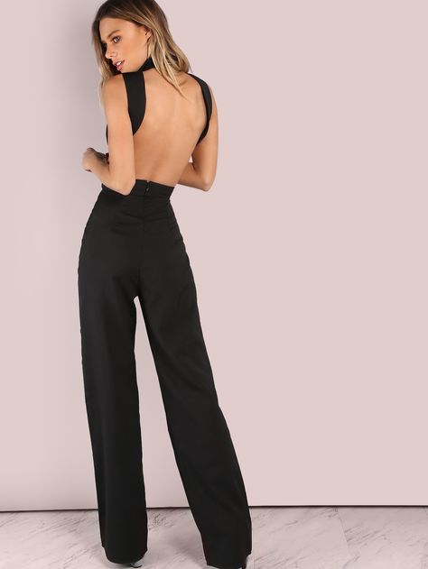 Backless Plunging V Choker Neck Cutout Midriff Wide Leg Jumpsuit BLACK -SheIn(Sheinside) Neck Choker, Jumpsuit Black, Wide Leg Jumpsuit, Black Jumpsuit, Jumpsuits For Women, Choker, Wide Leg, Jumpsuit, Quick Saves