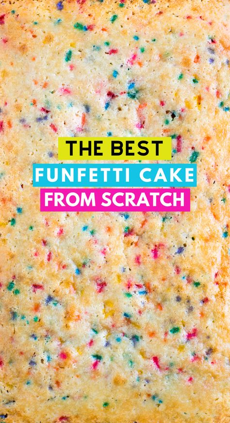 This fluffy and moist homemade Funfetti Cake is easy to make in a 9x13 inch pan! This white confetti cake is full of sprinkles and topped with funfetti vanilla frosting. Learn how to make birthday funfetti cake from scratch with our tips. #funfetticake #confetticake #funfetti Funfetti Cake From Scratch, Best Funfetti Cake, Confetti Cake Recipes, Homemade Funfetti Cake, Easy Birthday Cake Recipes, Cookies Summer, Cake From Scratch, Cookies Birthday, Cookies Sugar