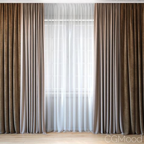 Curtains With Tulle Set 02 - 3D Model for VRay Beige Curtains Living Room, Curtain Designs For Bedroom, Curtains Living Room Modern, Window Curtains Living Room, Contemporary Curtains, Beige Curtains, Plain Curtains, Cool Curtains, Curtain Ideas