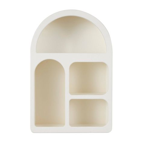 You can use this shelf to store books, plants, or decorative items and display them in style. This item ships in 1 carton. Can be hung vertically using the keyholes on the back; nails and screws not included. Suitable for indoor use only. This item ships fully assembled in one piece. Maximum weight limit is 30 lbs. This is a single cream colored floating shelf. Mdf wall shelf features 4 shelves. Traditional style. Unique Wall Shelves Creative Display, Stick On Shelves, Cute Things To Put On Shelves, Mini Wall Shelf, Arched Wall Shelf, Arch Shelf In Wall, Ceramic Wall Shelf, Bedroom Shelves Ideas, Cute Shelving