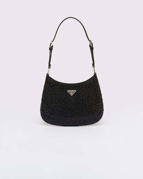 Prada Cleo satin bag with crystals Prada Cleo Bag, Cleo Bag, Prada Cleo, Prada Collection, Embellished Bags, Crystal Bags, Satin Bags, Triangle Logo, Black Crystals