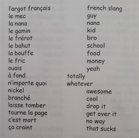 french slang French Slang Phrases, Slang French, Cute French Words, French Language Basics, French Slang, Useful French Phrases, French Basics, Slang Phrases, French Stuff