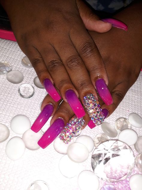 Pink&Purple Ombre acrylic with full 2 fingers full of ab Crystals Pink And Purple Ombre Acrylic Nails, Pink And Purple Ombré Nails, Purple Ombre Acrylic Nails, Ombré Square Nails, Pink Purple Ombre Nails, Purple Ombré Nails, Purple Ombre Nails, Ombre Acrylic, Pink Purple Ombre