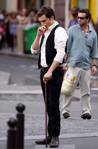 a good example of contemporary clothing from 19th century Europe.  The detail is extremely good with the walking cane, that was fashionable back then Man With Cane Reference, Walking Sticks And Canes, Girl Character, Chuck Bass, 19th Century Fashion, Mens Fashion Photography, Walking Cane, Contemporary Clothing, Walking Canes