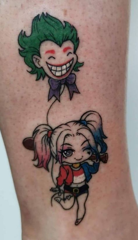 Harley Quinn Tattoo Meaning, Cartoon Couple Tattoos Ideas, Harley And Joker Tattoo Couple, Cute Joker Tattoo, Small Joker Tattoo Ideas, Harley Joker Tattoo, Harley Quinn And The Joker Tattoo, Joker And Harley Quinn Tattoo Couples, Cartoon Couple Tattoos