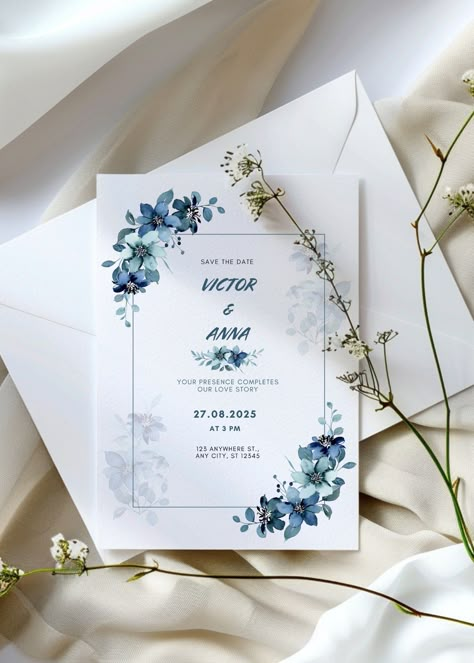 Celebrate your love with the captivating allure of nature! Our Blue Wildflower Wedding Invitation Template evokes the tranquility of a wildflower meadow in full bloom. Its rustic charm and delicate blue wildflowers perfectly capture the essence of an elegant celebration.  This editable digital template allows you to personalize your invitation, making it a unique reflection of your love story.   Announce your big day with this printable invitation, setting the stage for an unforgettable garden wedding or a cozy barn reception.  .#WeddingInvitations #DIYWedding #WeddingStationery #WeddingInspiration #WeddingPlanning Blue Winter Wedding Invitations, Blue Wedding Invitations Elegant, Cute Wedding Invitations, Blue Wildflower Wedding, Wedding Invitations Blue, Blue Wildflowers, Wedding Invitation Digital, Wildflower Wedding Invitations, Line Art Flowers