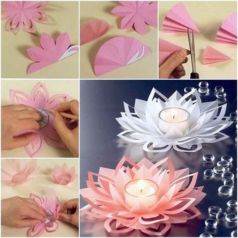 Making Paper Flowers, Paper Lotus, Chandelier Diy, Diy Candle Sticks, Lotus Candle Holder, Diy Fleur, Diy Diwali Decorations, Diwali Diy, Making Paper