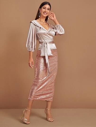 Search sequin skirt | SHEIN USA Sequin Pencil Skirt, Wrap Belt, Satin Top, Fashion Sale, Shawl Collar, Latest Fashion For Women, Clothing Women, Women's Fashion Dresses, Skirt Set