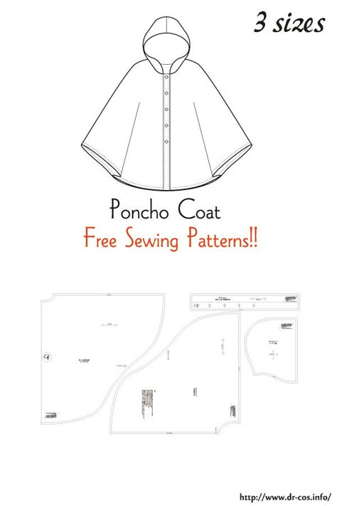 This is the pattern of a Poncho Coat. cm size(A4 size) Children's-120/Ladies'-F/Men's-F Poncho Pattern Sewing, Cloak Pattern, Organizator Grafic, Sewing Templates, Coat Pattern Sewing, Poncho Coat, Seni Dan Kraf, Free Sewing Patterns, Sew Ins