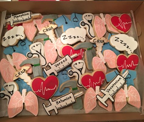 CRNA Cookies #CRNACookies #CRNA Anesthesia Party Ideas, Anesthesia Graduation Party, Crna Week Ideas, Crna Graduation Party, Anesthesia Cake, Nurse Necessities, Crna Graduation, Medical Crafts, Crna Week