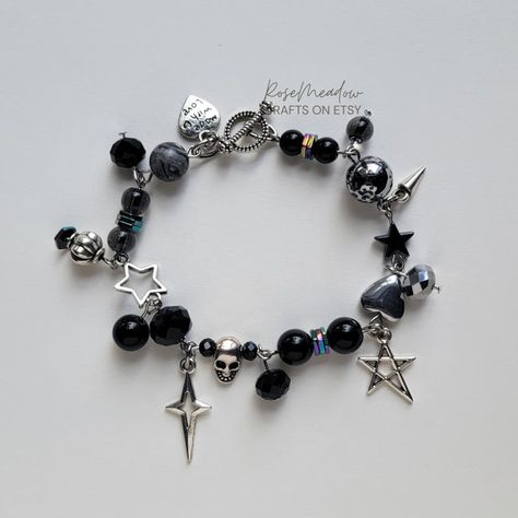 Cheap Crystal Bracelet With Silver Beads, Affordable Black Charm Jewelry, Cheap Black Beaded Bracelets With Heart Beads, Cheap Themed Black Charm Bracelet, Cheap Themed Metal Bracelets, Cheap Black Charm Bracelet For Friendship, Affordable Casual Black Charm Bracelet, Black Aesthetic Bracelets, Cheap Themed Black Bracelets