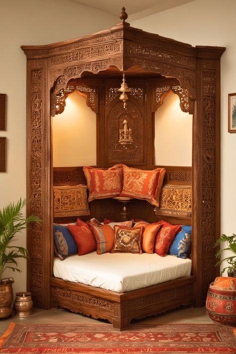 Bedroom Aesthetic Furniture, Indian Day Bed, Indian Royal Bedroom Design, Pooja Room Painting Ideas Indian, Royal House Design Interior, House Interior Decor Indian, Indian Decoration Ideas House, Indian Decor Aesthetic, Indian Traditional Decor