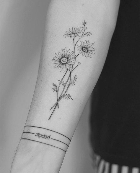 Michaelmas Daisy Tattoo, Three Daisy Tattoo, Gerber Daisy Tattoo Small, Wild Daisy Tattoo, Daisy Spine Tattoo, Daisy Flower Tattoo Designs, Mum Tattoo Ideas, Daisy Bouquet Tattoo, Sunflower Bouquet Tattoo