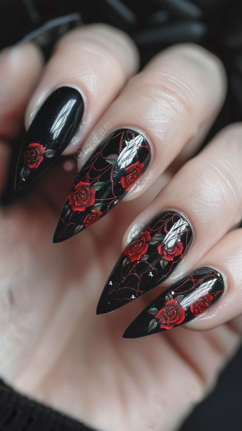 Moody Red Nails, Red And Black Nails Rose, Dark Romance Nails Ideas, Lace Nail Art Designs, Moody Wedding Nails, Red Black Nails Acrylic, Red And Black Wedding Nails, Steam Punk Nails, Dark Romance Nails