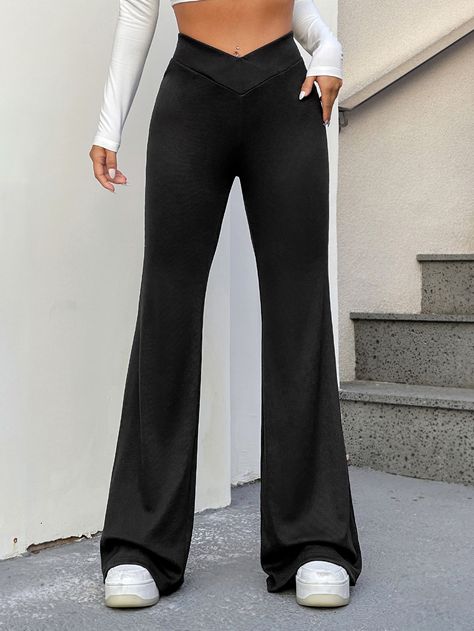 Black Casual Collar  Knitted Fabric Plain Flare Leg Embellished Medium Stretch  Women Clothing Women Bottoms, Formal Wear Dresses, Stylish Pants, Flare Leg Pants, Maxi Dress Formal, Printed Blazer, Women Pants, Plus Dresses, Waist Pants