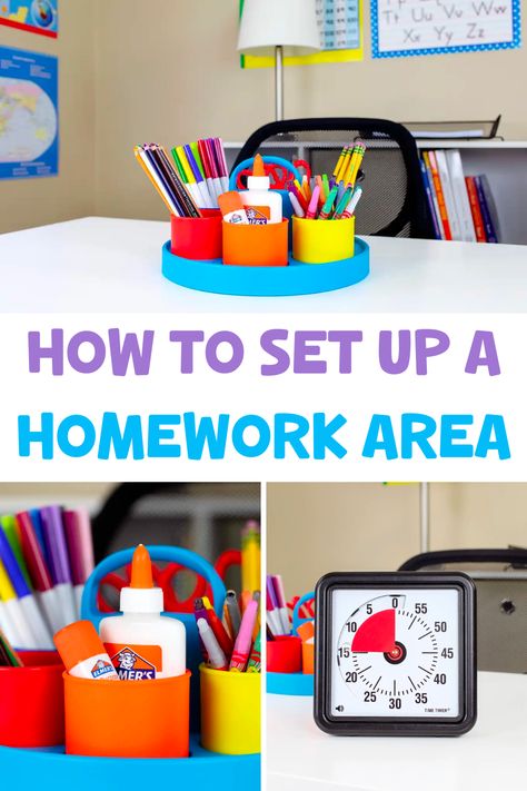 Creating a kids homework station allows your child to develop positive study skills and productive work habits. Today, I am sharing how to create a kids homework area that your child will love. This homework area is great for kids of all ages. This kids homework station can be made with an IKEA desk or any other desk you find. Get your kids involved to give them ownership of their space. Homework Station In Living Room, Homework Space For Kids, Kindergarten Homework Station, Kid Homework Station, Kids Desk Ideas Homework Station, Kids Craft Desk, Kids Desk Area In Bedroom, Kids Office Space, Kids Homework Space