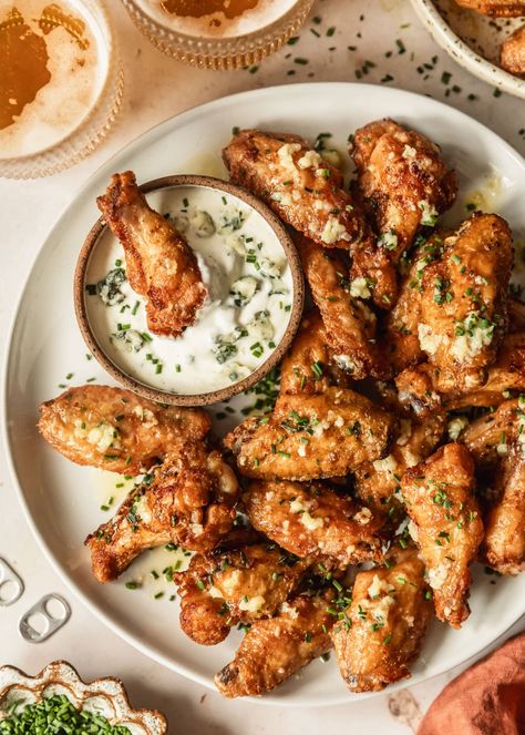 These garlic butter chicken wings are baked in the oven or air fryer until they're nice and crispy. They're flavorful & great for parties! Garlic Butter Chicken Wings, Butter Chicken Wings, Simple Garlic Butter, Homemade Wings, Appetizer For A Crowd, Oven Chicken Wings, Boneless Chicken Wings, Wings In The Oven, Baked Wings