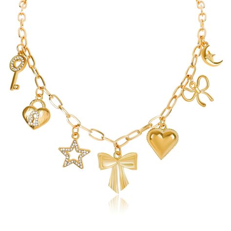 PRICES MAY VARY. 🎀CUTE CHARM NECKLACE🎀Combining elegance with playfulness, this trendy gold charm necklace captivates with its exquisite design and charming colors. The chain features a delicate paperclip chain, lightweight and comfortable, exuding a sense of fashion. The pendants, including the gold bow, heart, star, moon, key, and lock, are all adorable, adding a touch of brightness to your ensemble. 🎀GOLD PENDANT NECKLACE🎀The elegant gold charm necklace is not only suitable for everyday w Cute Charm Necklaces, Coquette Stuff, Necklaces Cheap, Chains Aesthetic, Summer Beach Jewelry, Bow Pendant, Legian, Multi Pendant, Sleepover Ideas