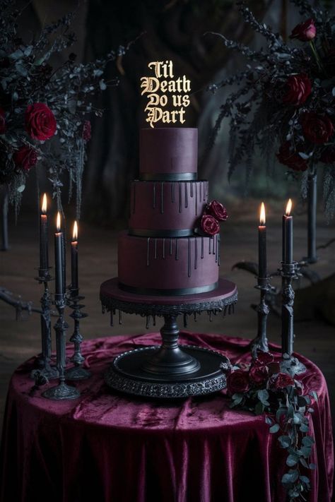 Explore dark wedding ideas that will add an eerie elegance to your big day. Learn how to craft unique gothic decor with easy-to-follow tips. Simple Gothic Wedding Ideas, Black Wedding Tablescape, Simple Goth Wedding Cake, Dark Wedding Diy, Gothic Christmas Wedding, Gothic Wedding Ideas Decor, Dark Romantic Wedding Reception, Gothic Nature Wedding, Haunted Wedding Theme