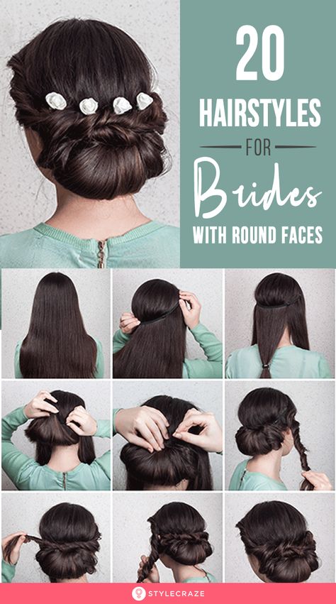 20 Best Hairstyles For Brides With Round Faces: If you have a round face, you need to be careful about the hairdos you pick. You have to make sure the hairstyle does not make your face look broad, but long and slender. In this article, I have listed 20 best hairstyles for brides with round faces. #Hair #Hairstyles #BridalHairstyles #WeddingHairstyles Broad Face Hairstyles Women, Teenage Hairstyles For School, Hairstyle For Round Face, Hairstyles For Brides, Teenage Hairstyles, Engagement Hairstyles, Easy Hairdos, Medium Brown Hair, Simple Ponytails