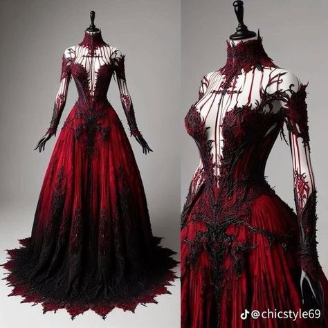 Inicio / X Black White And Red Wedding Dress, Vampire Goth Dress, Vampire Aesthetic Clothes, Red Vampire Dress, Vampire Clothing Aesthetic, Vampire Dresses, Vampy Prom Dress, Goth Wedding Dresses, Red Vampire