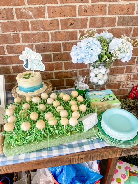 Hole In One Birthday Centerpieces, Golf First Birthday Cupcakes, Smash Cake Hole In One, Hole In One Birthday Decorations, Hole In One First Birthday Desserts, Hole In One First Birthday Decorations, Golf Birthday Cake Ideas, Hole In One First Birthday Shirt, Hole In One Birthday Party Decor