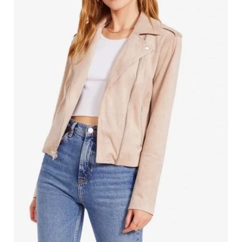 New Bb Dakota Steve Madden Beige Faux Suede Jet Set Moto Jacket Faux Suede Moto Style, Long Sleeve Jacket. Fitted Faux-Leather Moto Jacket With Some Edgy And Ladylike Details. Structured Seaming For A Modern Appeal. Nail-Head Hardware. Oversized Notched Collar. Asymmetrical Front Zip. Zip Hand Pockets. Cropped Straight Hemline. Measurements: Size - Large Shoulders - 16.5" Bust - 40" Sleeves - 24.5" Length - 20" Back Neck To Hem All Measurements Are Approximate Item Specifics: Fabric Content - 98 Steve Madden Jacket, Suede Jacket Women, Suede Biker, Faux Suede Moto Jacket, Moto Biker Jacket, Fitted Coat, Suede Moto Jacket, Faux Suede Jacket, Suede Coat