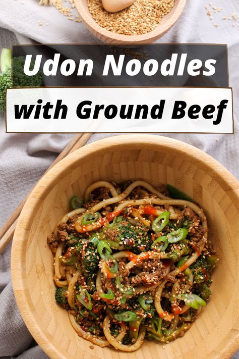 Udon noodles with ground beef is an excellent dish. It's  quick and simple! Japanese Minced Beef Recipes, Japanese Curry Ground Beef, Udon Noodle Recipe Ground Beef, Ground Beef Udon Noodles, Japanese Ground Beef Recipes, Beef Udon Noodles, Noodles With Ground Beef, Beef Udon Stir Fry, Curry Ground Beef