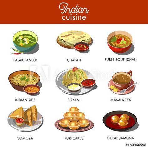 Indian cuisine food traditional dishes. India Food Traditional, Puree Soup, Indian Food Menu, Chapati Bread, Food Sketches, Chicken Tandoori, Rice And Vegetables, Food Traditional, Anime Foods