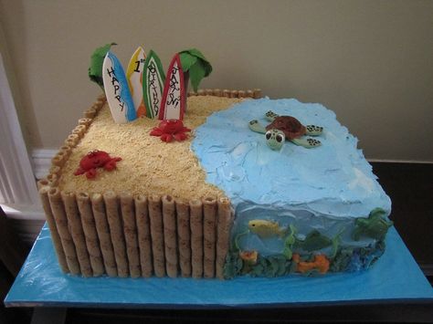 Maybe I could make this into a Teen Beach Movie cake for Emma... Looks simple. HA! Surfer Cake, Almond Wedding Cakes, Beach Birthday Cake, Beach Themed Cakes, Ocean Cakes, Movie Cakes, Beach Cakes, Fancy Cakes, Pretty Cakes