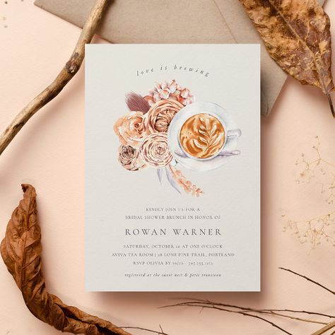 Boho Floral Coffee Bridal Shower Brunch Invitation Housewarming Brunch, Flowers Cafe, Coffee Bridal Shower, Post Wedding Brunch Invitations, Bridal Shower Brunch Invitations, Love Is Brewing, Digital Birthday Cards, Boho Watercolor, Boho Bridal Shower