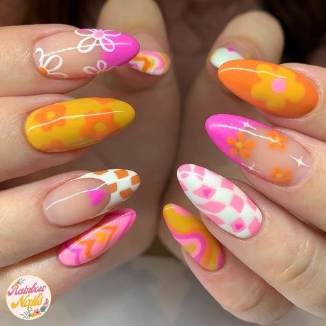 Retro Nails, Hippie Nails, Summer Nail Designs, Colorful Nails, Summery Nails, Nail Style, Bright Nails, Kawaii Nails, Nagel Inspo