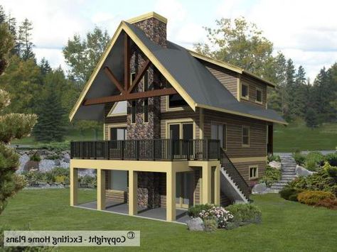 Sierra - Cabin Plan - Front View of House of House The Great Chamber Utah, Maine Lake Cabin, Triangle Windows Exterior, Lake Cabin Plans, Small Lake House Plans, Chalet House Plans, River Homes, Earthy Homes, Garage Homes