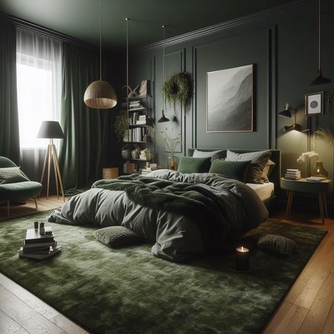 Dark Green Bedroom Mossy Green Rug Black And Dark Green Bedroom, Dark Green Bedroom Ideas, Green Room Ideas Bedroom, Dark Green Bedroom, Emerald Green Bedrooms, Dark Green Rooms, Green Bedroom Ideas, Dark Blue Bedrooms, Bedroom Colour Palette