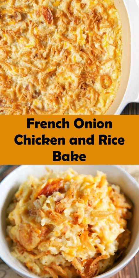 French Onion Chicken And Rice, French Fried Onion Recipes, French Onion Casserole, Fried Onions Recipe, Rice Bake Recipes, Chicken Rice Bake, Recipes Using Rotisserie Chicken, Rice Bake, Fork Art