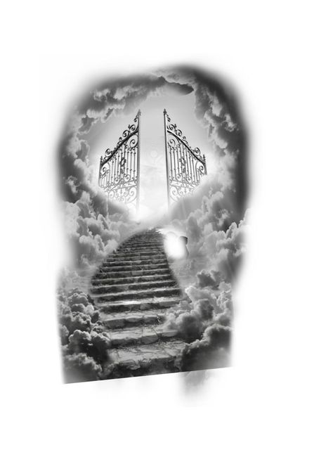 Heavenly Tattoos For Men, Gates Of Heaven Tattoo Design, Heaven Back Tattoo, Heaven Gates Tattoo Stencil, Heavens Gate Tattoo Design, Stairway To Heaven Tattoo Sleeve, Stairway To Heaven Tattoo Stencil, Cloud Tattoo Sleeve Heavens, Stairway To Heaven Drawing