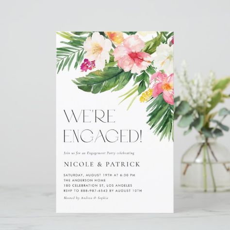 Tropical Floral Summer Engagement Party Invitation Tropical Theme Engagement Party, Tiki Engagement Party, Hawaiian Engagement Party, Luau Engagement Party, Tropical Engagement Party, Fall Engagement Party Invitations, Summer Engagement Party, Engagement Party Themes, Retro Wedding Invitations