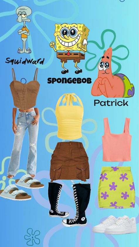 Squidward SpongeBob Patrick Spongebob Outfit, Fun Halloween Outfits, Diy Group Halloween Costumes, Clueless Halloween Costume, Trio Halloween Costume, Trio Costumes, Cute Group Halloween Costumes, Classy Halloween Costumes, Matching Halloween Costumes