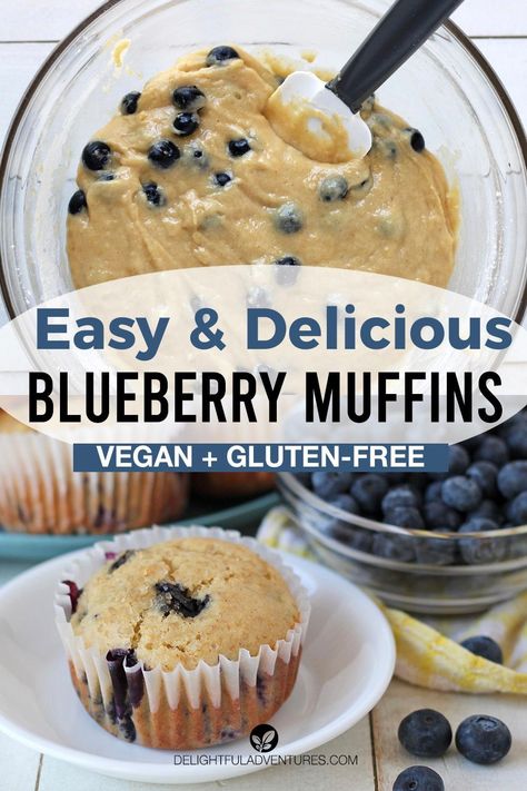 Easy vegan gluten free blueberry muffins that are moist, fluffy, and loaded with sweet, juicy blueberries. They're simple to make (you can use fresh or frozen berries), and of course, they're delicious! These homemade muffins are dairy-free, egg-free, nut-free and perfect for snacks and to enjoy with tea. Vegan Gluten Free Muffins, Dairy Free Blueberry Muffins, Gluten Free Vegan Recipes Desserts, Vegan Brunch Recipes, Gluten Free Blueberry Muffins, Banana Blueberry Muffins, Muffins Vegan, Vegan Gluten Free Desserts, Vegan Breakfast Easy