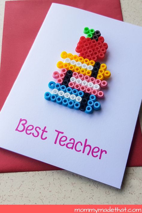 Perler Bead Teacher Gift, Teacher Perler Bead Patterns, Teacher Perler Beads, Easy Melty Bead Designs, Easy Teacher Appreciation Gifts Diy, Handmade Gifts For Teachers Diy Crafts, Perler Bead Ideas, Teacher Appreciation Gift Card, Melty Bead Designs