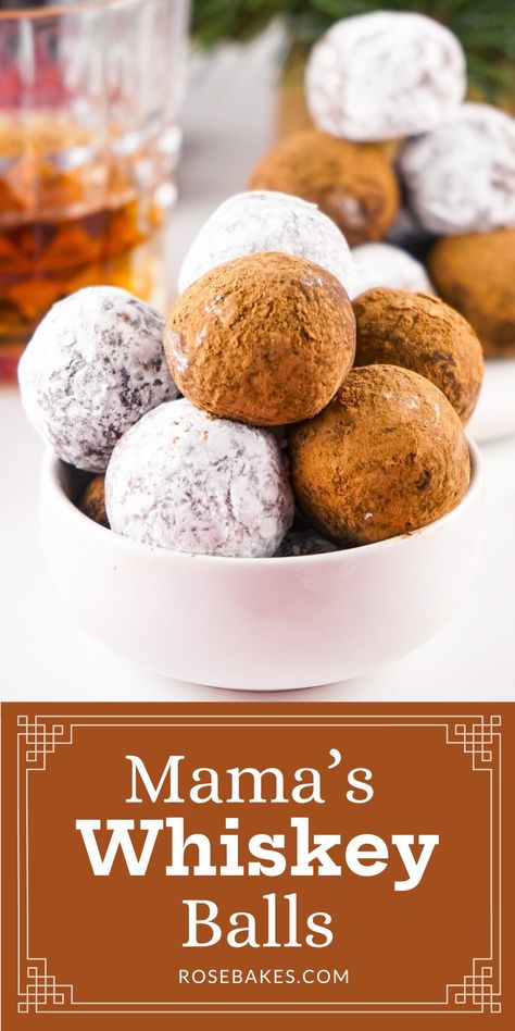 This Whiskey Ball recipe is a yummy, no-bake dessert that packs a ton of flavor and texture into small sweet bites! The recipe makes a small batch, meaning you won't have piles of leftovers. It's perfect for a small family gathering or office party and they are always a favorite Christmas treat. They are also called Rum Balls, Whiskey Kisses, Bourbon Balls, and Kentucky Bourbon Balls. No Bake Whiskey Balls, Bourbon Balls Kentucky, Kentucky Bourbon Balls, Fireball Whiskey Balls, Whiskey Balls Recipe, Whiskey Balls, Alcohol Desserts, Quick Chocolate Chip Cookies, Homemade Whiskey