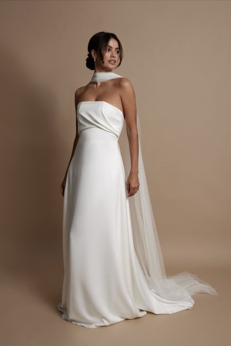 Stunning in its simplicity, the unique drape detail is strategically placed to highlight and emphasise the waist, giving the illusion of an even smaller waist. Plain Wedding Dress, Sincerity Bridal, Pregnant Wedding, Pregnant Wedding Dress, Wedding Dress Guide, 2016 Wedding Dresses, Bride Inspiration, Bodice Dress, Engagement Dresses