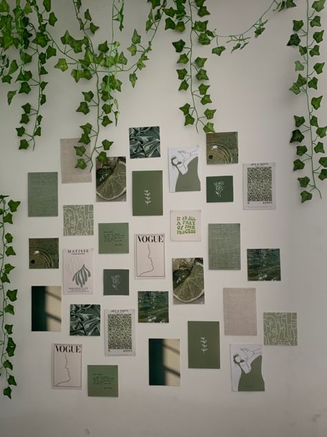 Green Wall Collage Bedroom, Green Bedroom Walls Cozy, Sage Green Bedroom Posters, Green Astethic Room Ideas, Sage Green Polaroid, Green Dorm Aesthetic, Forest Green Bedroom Aesthetic, Pastel Green Room Aesthetic, Pastel Green Bedroom Ideas