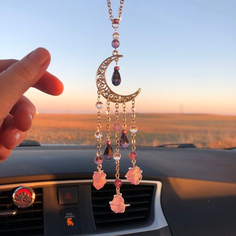 I Am Calm Intention Crystal Car Charm - Purple Amethyst - Crescent Moon -  #Amethyst #Calm #Car #Charm #Crescent #Crystal #Intention #Moon #Purple Car Mirror Dangles, Crystal Car Accessories, Spiritual Car Decor, Cute Car Charms, Purple Car Decor, How To Make Your Car Cute, Diy Car Charms, Crystal Car Hanger, Car Dangles