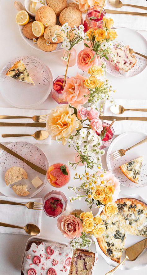 Mothers Day Aesthetic, Muffin Loaf, Mother's Day Brunch Menu, Strawberry Muffin, Spinach Goat Cheese, Lavender Scones, Rosé Sangria, Goat Cheese Quiche, Brunch Tablescape