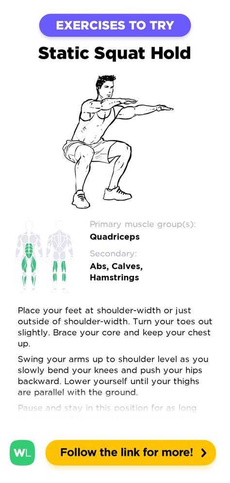 Static Squat Hold – WorkoutLabs Exercise Guide Squat Hold, Squat Workout, Brace Yourself, Workout Guide, Training Plan, Muscle Groups, Easy Workouts, Work Out, Hold On