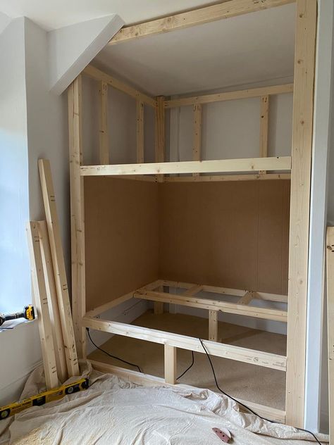 Boxed In Bed Ideas, How To Build Built In Bunk Beds, Built In Wall Bunk Beds, Cubby Beds Built Ins, Wall Bunk Beds Built Ins, Loft Play Area Over Bed, Kids Cabin Bed, How To Build A Bunk Bed, Built In Bunk Beds With Storage