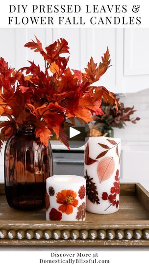 Candle Hack, Fun Fall Decor, Flower Fall, Leaf Candle, Candle Projects, Leaves Candle, Pressed Leaves, Fall Flower, Tall Candle